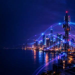 Infraestructura de telecomunicaciones moderna y redes de fibra óptica sobre el horizonte de la ciudad